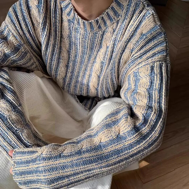 2024. gada jauns vīriešu augstākās klases Feels džemperis rudens/ziemas korejiešu stila senlaicīgā krāsā, bloķējošs, apaļš kakla gadījuma trikotāžas tops