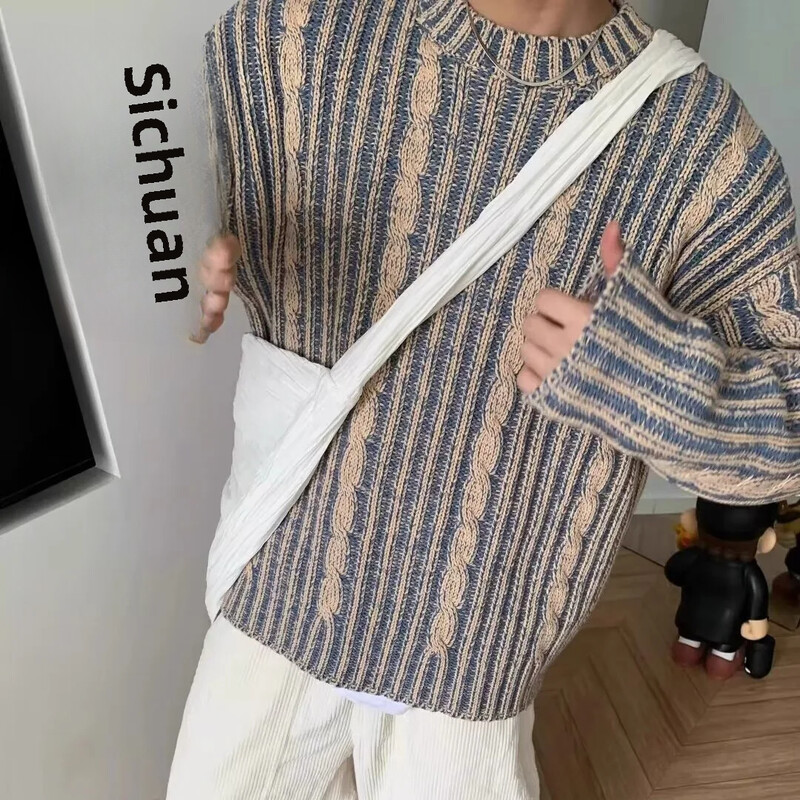 2024. gada jauns vīriešu augstākās klases Feels džemperis rudens/ziemas korejiešu stila senlaicīgā krāsā, bloķējošs, apaļš kakla gadījuma trikotāžas tops