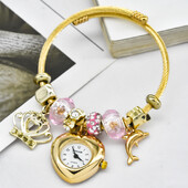 Дамски часовник с гривна Love със стилен декор Изискан кръгъл кварцов часовник Ежедневна елегантност