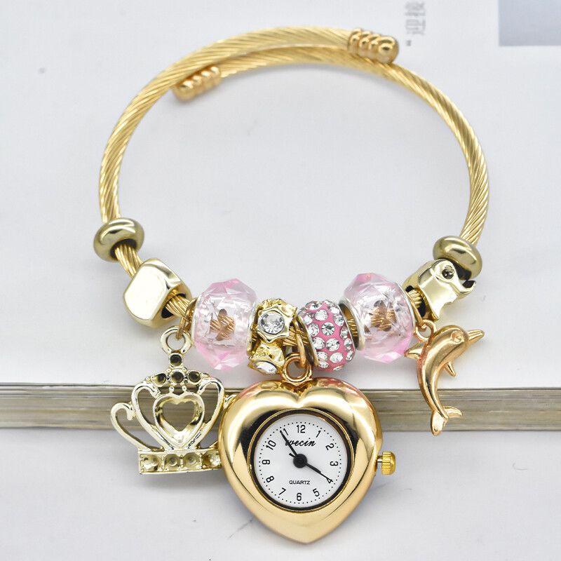 Дамски часовник с гривна Love със стилен декор Изискан кръгъл кварцов часовник Ежедневна елегантност