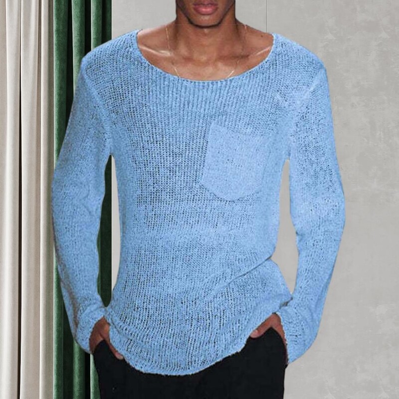 Мъжки пуловер Мъжки издълбан плетен пуловер Ежедневен пуловер с О-образно деколте, дълъг ръкав Свободна кройка Едноцветен тънък стил за A