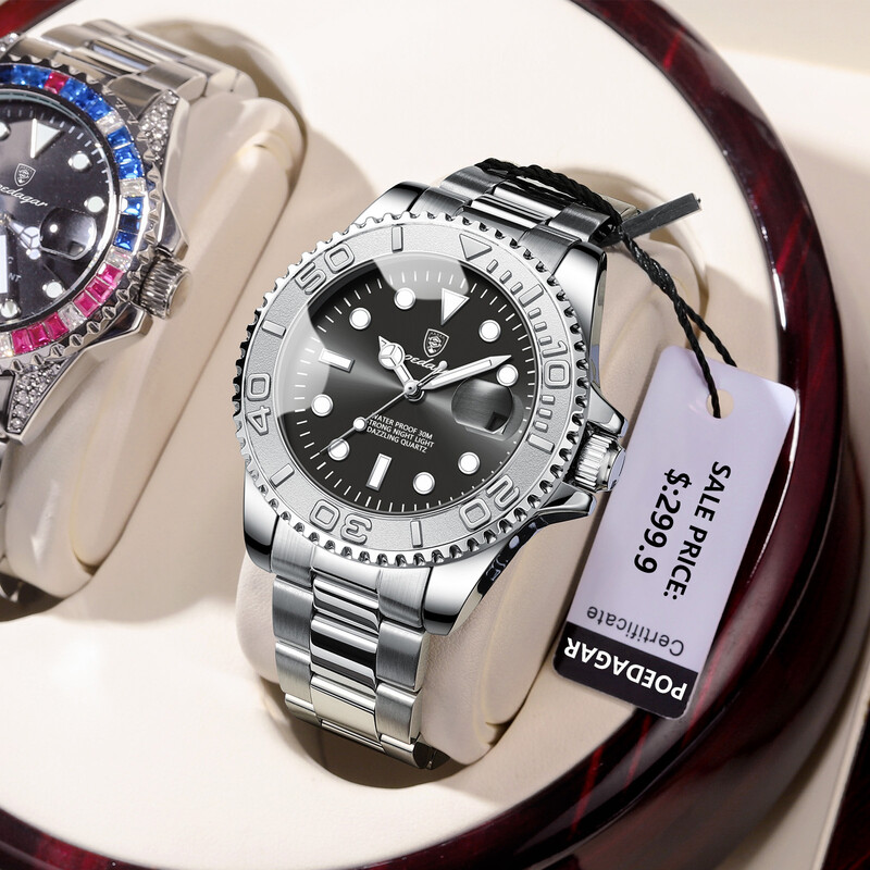 POEDAGAR Ceas de lux pentru bărbați, ceas de afaceri cu quartz pentru bărbați, sport, rezistent la apă, cu dată luminoasă, ceasuri pentru bărbați din oțel inoxidabil, ceas pentru bărbați + cutie