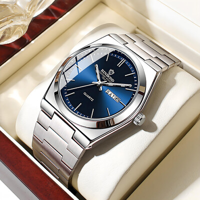 Vīriešu pulksteņi, gaiši luksusa zīmola nerūsējošā tērauda dubultā kalendāra ūdensizturīgi vīriešu biznesa brīvā laika modes kvarca pulksteņi W004