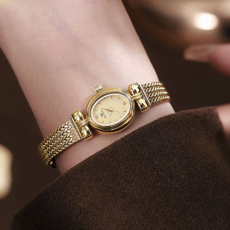 Ceasuri de damă Ceas de cuarț oval de marcă de lux Cadouri pentru femei Ceas de mână vintage, elegant, rezistent la apă, brățară de grâu auriu