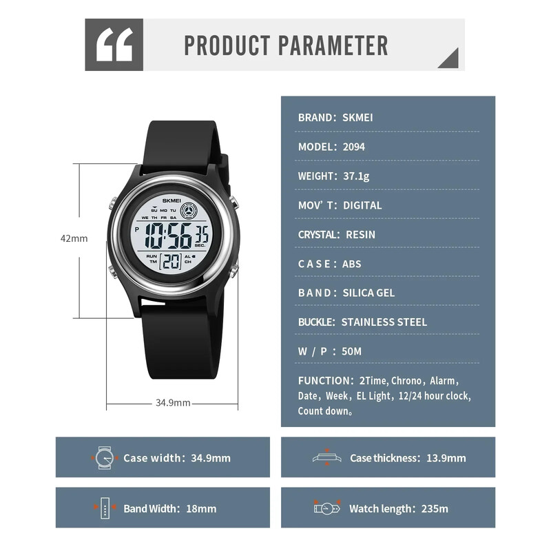 SKMEI Ceasuri de lux, rezistente la apă, rezistente la șocuri, sport, cu numărătoare inversă, ceas de mână digital pentru femei, cronometru, pentru femei, pentru femei, relogii 2094