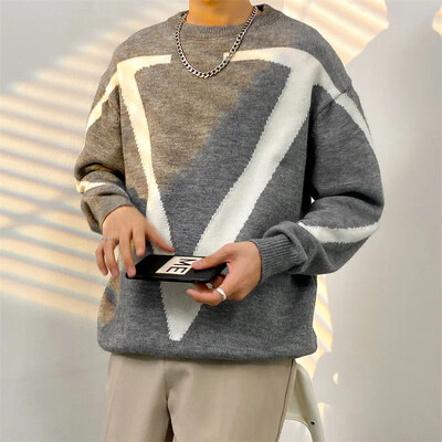 2022. gada rudens ziemas džemperis vīriešiem, japāņu vintage krāsu bloķēšana, moderns zīmola ins Ikdienišķs hiphops, daudzpusīgs, apaļš kakls, adīts līdz