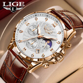Ceas Bărbați LIGE Ceasuri de lux pentru afaceri, luminoase, rezistente la apă, din piele, faza lunii, săptămâna dată, ceas casual cu quartz pentru bărbați Reloj hombre
