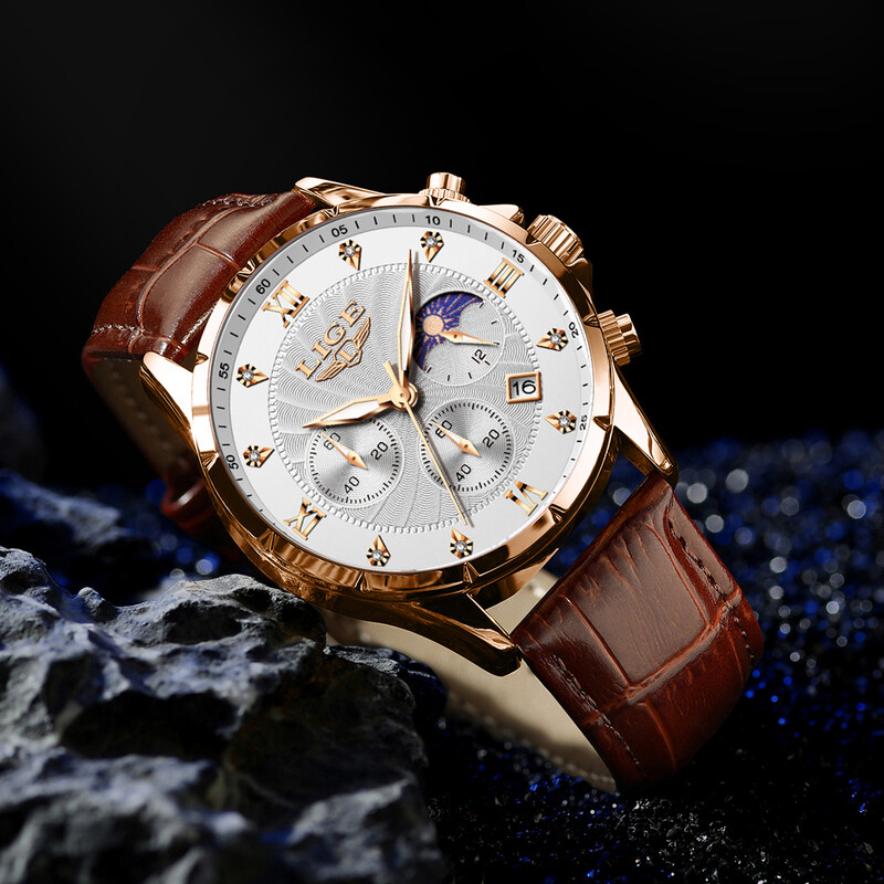 Ceas Bărbați LIGE Ceasuri de lux pentru afaceri, luminoase, rezistente la apă, din piele, faza lunii, săptămâna dată, ceas casual cu quartz pentru bărbați Reloj hombre