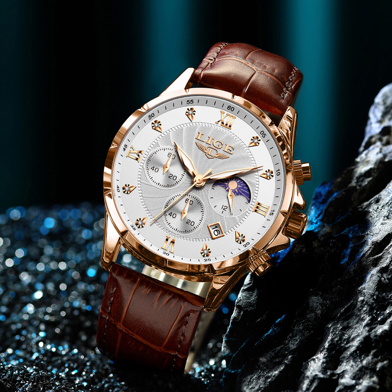 Ceas Bărbați LIGE Ceasuri de lux pentru afaceri, luminoase, rezistente la apă, din piele, faza lunii, săptămâna dată, ceas casual cu quartz pentru bărbați Reloj hombre