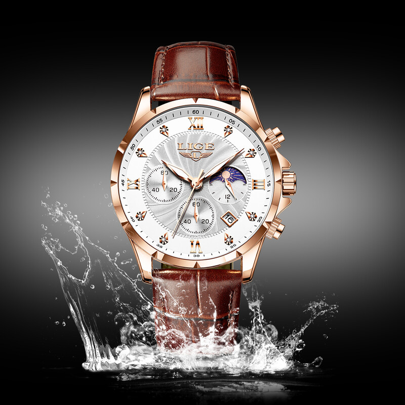 Ceas Bărbați LIGE Ceasuri de lux pentru afaceri, luminoase, rezistente la apă, din piele, faza lunii, săptămâna dată, ceas casual cu quartz pentru bărbați Reloj hombre