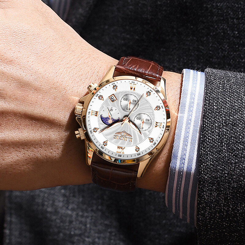 Ceas Bărbați LIGE Ceasuri de lux pentru afaceri, luminoase, rezistente la apă, din piele, faza lunii, săptămâna dată, ceas casual cu quartz pentru bărbați Reloj hombre