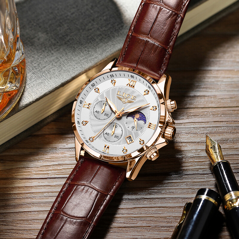 Ceas Bărbați LIGE Ceasuri de lux pentru afaceri, luminoase, rezistente la apă, din piele, faza lunii, săptămâna dată, ceas casual cu quartz pentru bărbați Reloj hombre