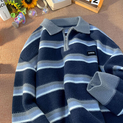 Japanski muški Y2K pleteni topli polo pleteni džemper s dolčevitom na pruge Zimska ulična pletenina Korejska odjeća Džemperi za muškarce