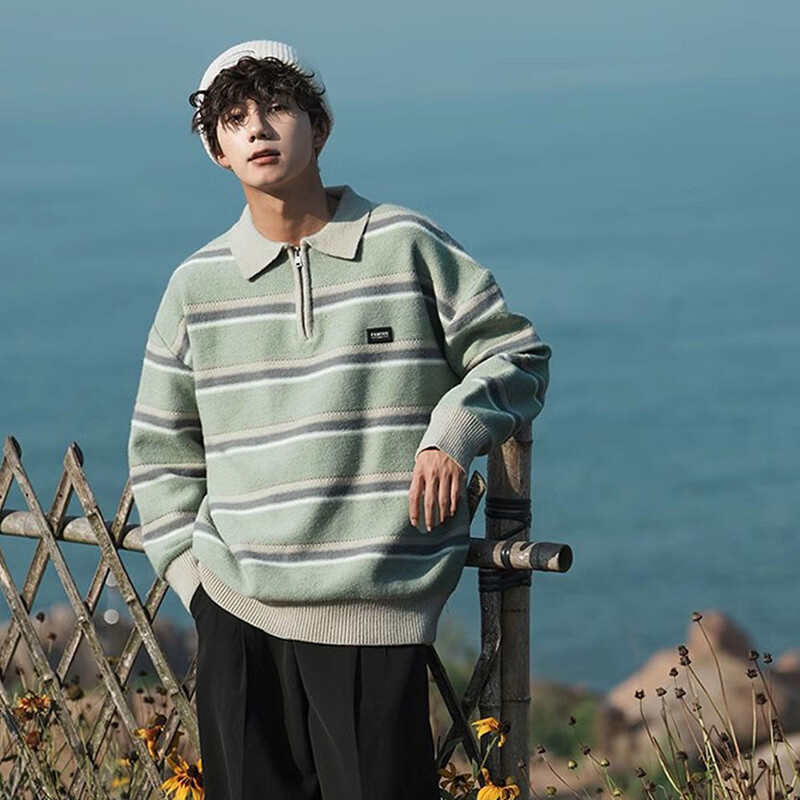 Japanski muški Y2K pleteni topli polo pleteni džemper s dolčevitom na pruge Zimska ulična pletenina Korejska odjeća Džemperi za muškarce
