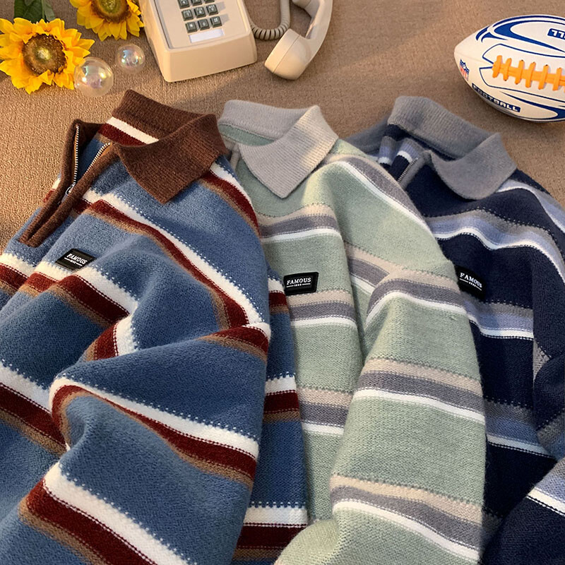 Japanski muški Y2K pleteni topli polo pleteni džemper s dolčevitom na pruge Zimska ulična pletenina Korejska odjeća Džemperi za muškarce
