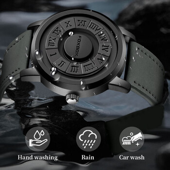 FOXBOX Мъжки часовници Creative Scrolling Pointer Magnetic Force Quartz Wristwatch Натурална кожа Мъжки часовник Relogio Masculino+кутия