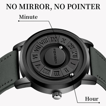 FOXBOX Мъжки часовници Creative Scrolling Pointer Magnetic Force Quartz Wristwatch Натурална кожа Мъжки часовник Relogio Masculino+кутия