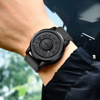 FOXBOX Мъжки часовници Creative Scrolling Pointer Magnetic Force Quartz Wristwatch Натурална кожа Мъжки часовник Relogio Masculino+кутия