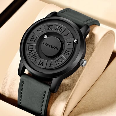 FOXBOX Мъжки часовници Creative Scrolling Pointer Magnetic Force Quartz Wristwatch Натурална кожа Мъжки часовник Relogio Masculino+кутия