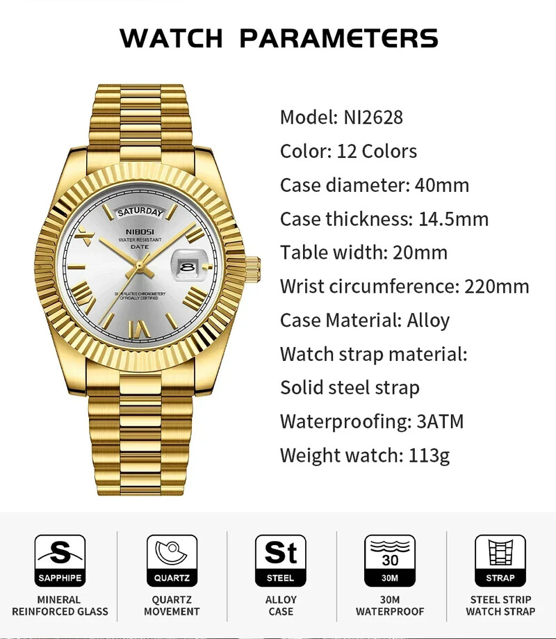 NIBOSI Ceas de lux cu quartz pentru bărbați, impermeabil, cu date, ceas de mână luminos, sport, din oțel inoxidabil, pentru bărbați, ceas pentru bărbați, ceas pentru bărbați