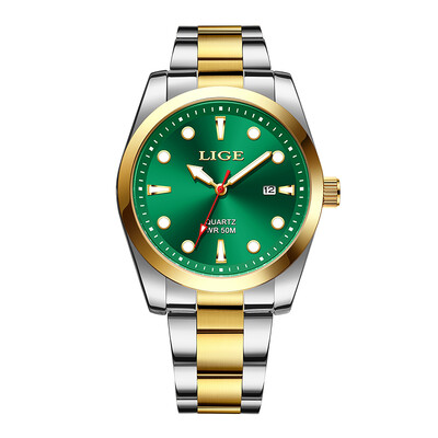 Moda LIGE Ceas de lux de marcă de top pentru bărbați 50M Ceas luminos impermeabil, verde, oțel inoxidabil, ceasuri sportive pentru bărbați, data ceas cu quartz