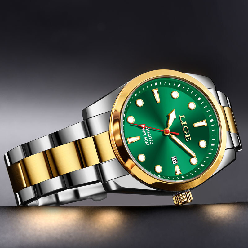 Moda LIGE Ceas de lux de marcă de top pentru bărbați 50M Ceas luminos impermeabil, verde, oțel inoxidabil, ceasuri sportive pentru bărbați, data ceas cu quartz