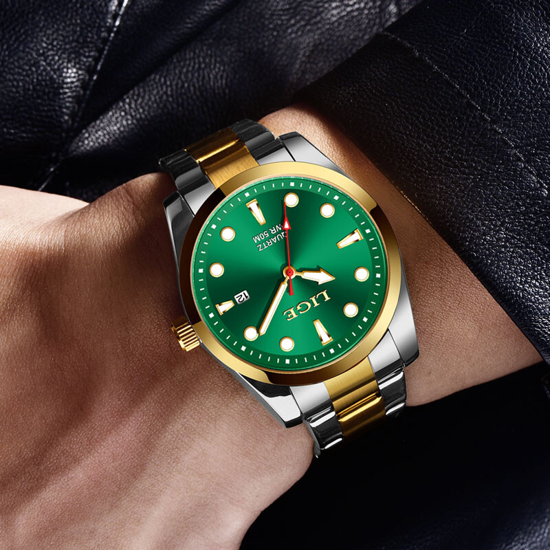 Moda LIGE Ceas de lux de marcă de top pentru bărbați 50M Ceas luminos impermeabil, verde, oțel inoxidabil, ceasuri sportive pentru bărbați, data ceas cu quartz
