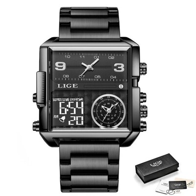 Ceas de mână sport pentru bărbați, original de lux LIGE, cu cuarț auriu, oțel, rezistent la apă, ceas cu afișaj dublu, ceasuri pentru bărbați Relogio masculino