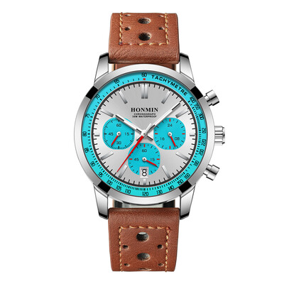 HONMIN Ceas de lux pentru bărbați, de înaltă calitate, impermeabil, cronograf, luminos, pentru bărbați, din piele, cu quartz, ceas casual