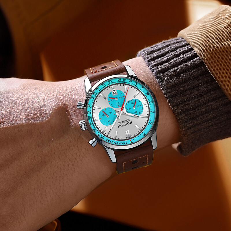 HONMIN Ceas de lux pentru bărbați, de înaltă calitate, impermeabil, cronograf, luminos, pentru bărbați, din piele, cu quartz, ceas casual