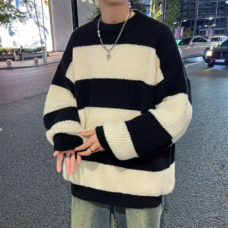 Retro svītru vilnas džemperis vīriešu sieviešu Harajuku stila rudens ziemas iekšdrēbes Augstākās klases līnijas apģērbi kokvilnas poliestera ikdienas lietošanai