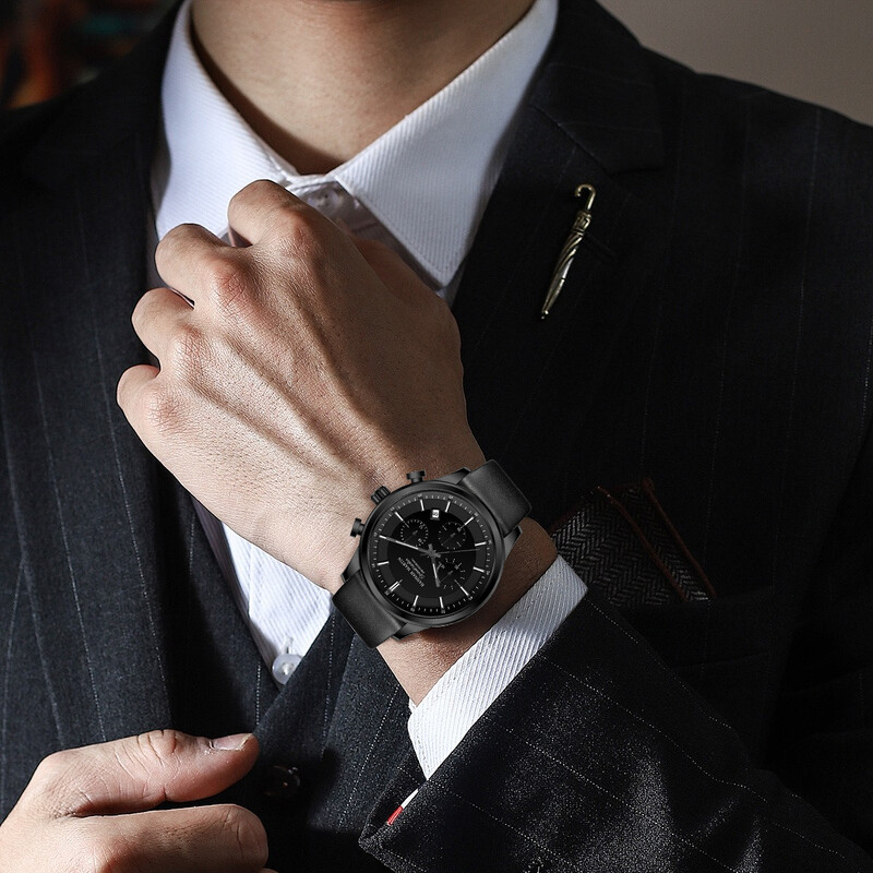 Ceas de bărbați marca Hannah Martin, cadran multifuncțional cu sincronizare, piele sport casual, mișcare originală cu quartz, ceas de afaceri pentru bărbați