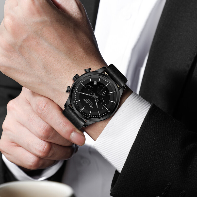 Ceas de bărbați marca Hannah Martin, cadran multifuncțional cu sincronizare, piele sport casual, mișcare originală cu quartz, ceas de afaceri pentru bărbați