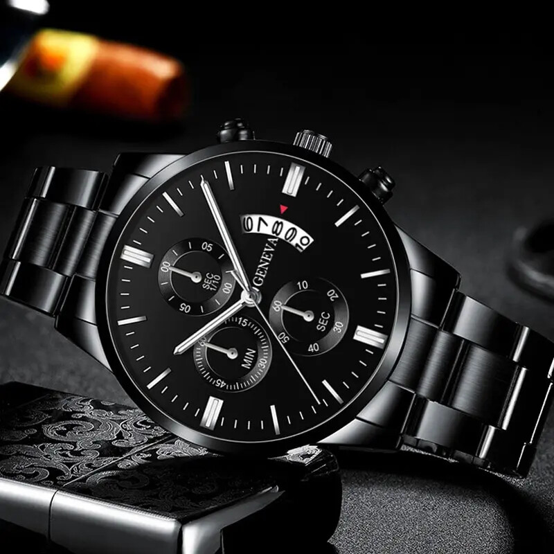 Modni muški satovi Luksuzni crni kvarcni ručni sat od nehrđajućeg čelika Muški poslovni sat za muškarce Kalendarski sat Reloj Hombre