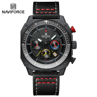 NAVIFORCE Спортни многофункционални водоустойчиви часовници за мъже, модни кожени луксозни марки кварцови аналогови светещи квадратни ръчни часовници