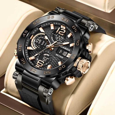 FOXBOX Sport Ceasuri Bărbați 5ATM Rezistent la apă Dual Display Ceas de mână cu quartz Cronograf Alarma Data Ceas Săptămânal Bărbat Curea din silicon