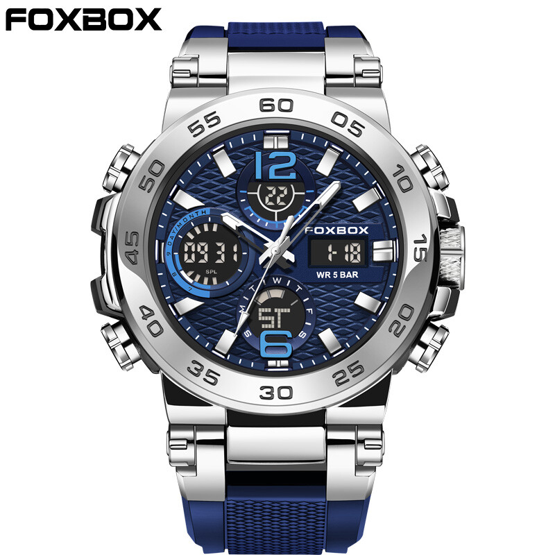 FOXBOX Sport Ceasuri Bărbați 5ATM Rezistent la apă Dual Display Ceas de mână cu quartz Cronograf Alarma Data Ceas Săptămânal Bărbat Curea din silicon