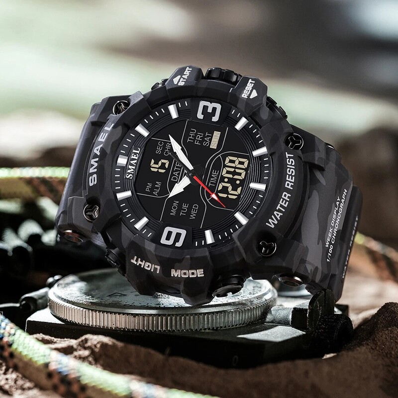 SMAEL 8049MC kamuflāžas jauna stila digitālie ūdensnecaurlaidīgi sporta pulksteņi vīriešu trieciena analogais pulkstenis ar diviem displejiem