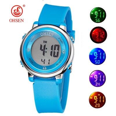 Sieviešu digitālie pulksteņi purpursarkanā krāsā, ūdensizturīgs sporta pulkstenis reloj mujer, elektroniskais sieviešu pulkstenis, 7 krāsu modinātājpulksteņi