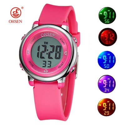 Sieviešu digitālie pulksteņi purpursarkanā krāsā, ūdensizturīgs sporta pulkstenis reloj mujer, elektroniskais sieviešu pulkstenis, 7 krāsu modinātājpulksteņi