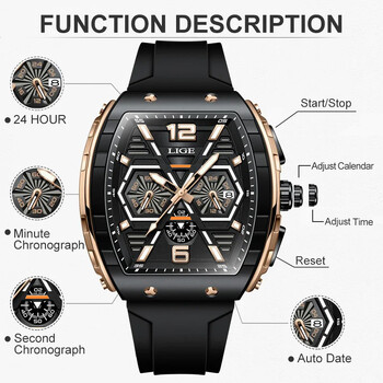 Relogio Masculino LIGE Мъжки часовник Луксозен водоустойчив кварцов ръчен часовник Raise Wrist Luminous Date Sports Silicone Clock Man Watches