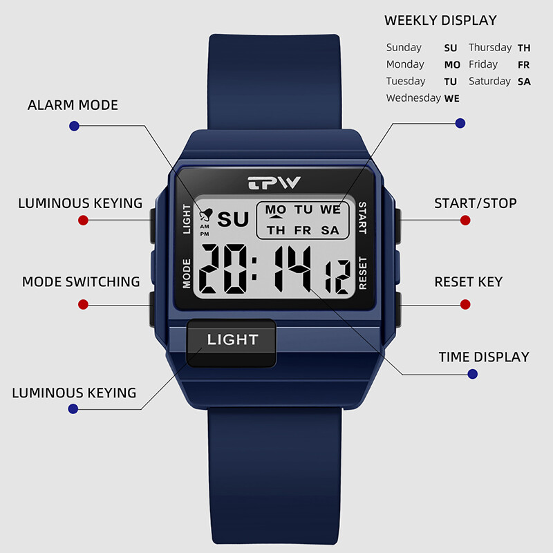 TPW 36 mm vidēja izmēra digitālais pulkstenis sievietēm pusaudžu vecumā, ūdensizturīgs