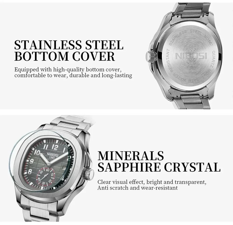 NIBOSI Ceas de mână de lux pentru bărbați, impermeabil, luminos, cu cronograf, pentru bărbați, ceasuri pătrate de cuarț din silicon, pentru bărbați, Relogio Masculino