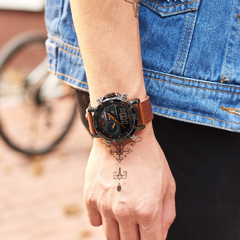Ceasuri pentru bărbați de marcă de lux Ceasuri sportive din piele pentru bărbați NAVIFORCE Ceas digital cu LED cuarț pentru bărbați Ceas de mână militar rezistent la apă