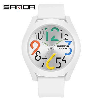 SANDA 9021 Creative Simple Girls 'Watch 2024 Jauns modes balts ikdienas kvarca pulkstenis vīriešu pulkstenis, silikona siksniņas ūdensnecaurlaidīgs pulkstenis