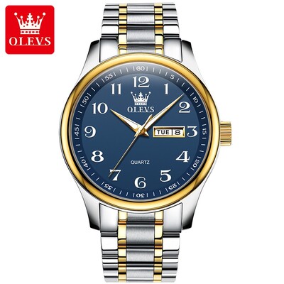 OLEVS Ceas clasic de cuarț pentru bărbați, cadran digital, dată și săptămână, ceas de mână luminos, rezistent la apă, aur
