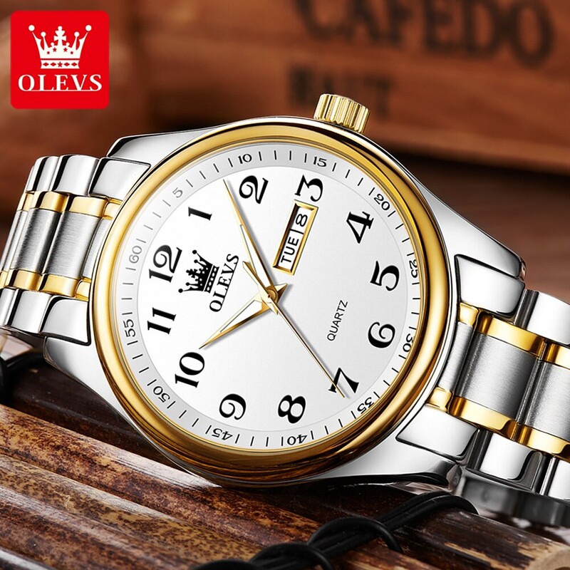 OLEVS Ceas clasic de cuarț pentru bărbați, cadran digital, dată și săptămână, ceas de mână luminos, rezistent la apă, aur