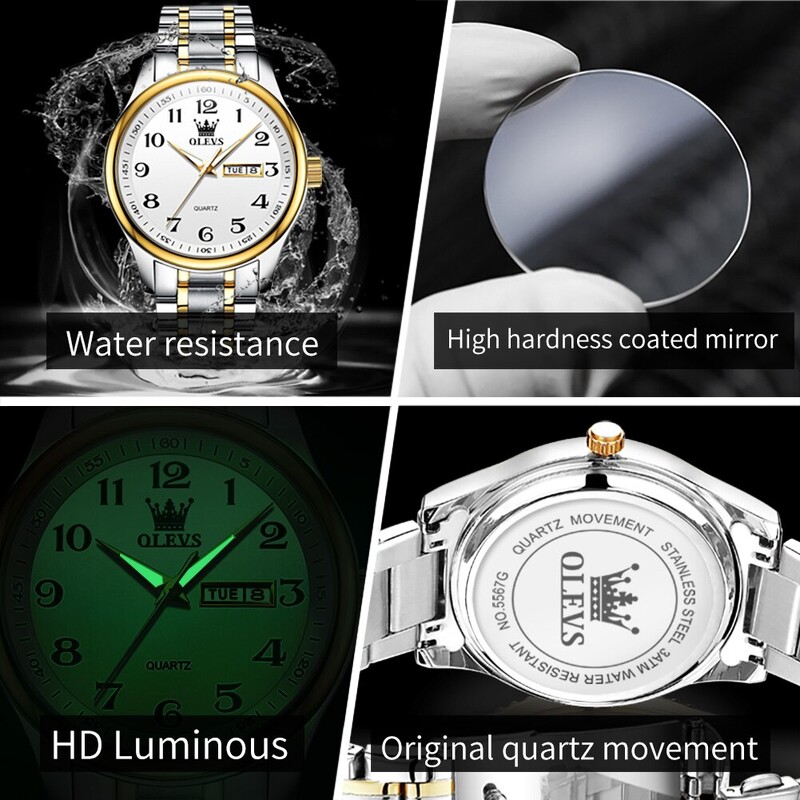 OLEVS Ceas clasic de cuarț pentru bărbați, cadran digital, dată și săptămână, ceas de mână luminos, rezistent la apă, aur