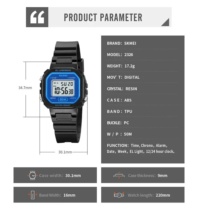 SKMEI 2326 luksusa ūdensnecaurlaidīgs sporta atpakaļskaitīšanas triecienizturīgs sieviešu rokas pulksteņi, LED displeja digitālais pulkstenis sievietēm Reloj Mujer