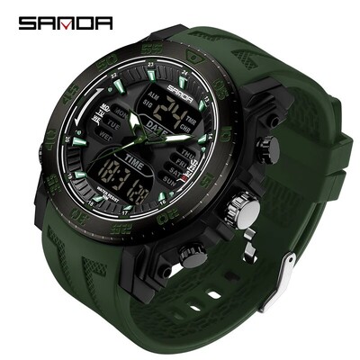 SANDA Ceas militar cu afișaj dublu, sport în aer liber, cadran mare, 50 m, cu quartz, impermeabil, ceasuri digitale multifuncționale cu LED pentru bărbați